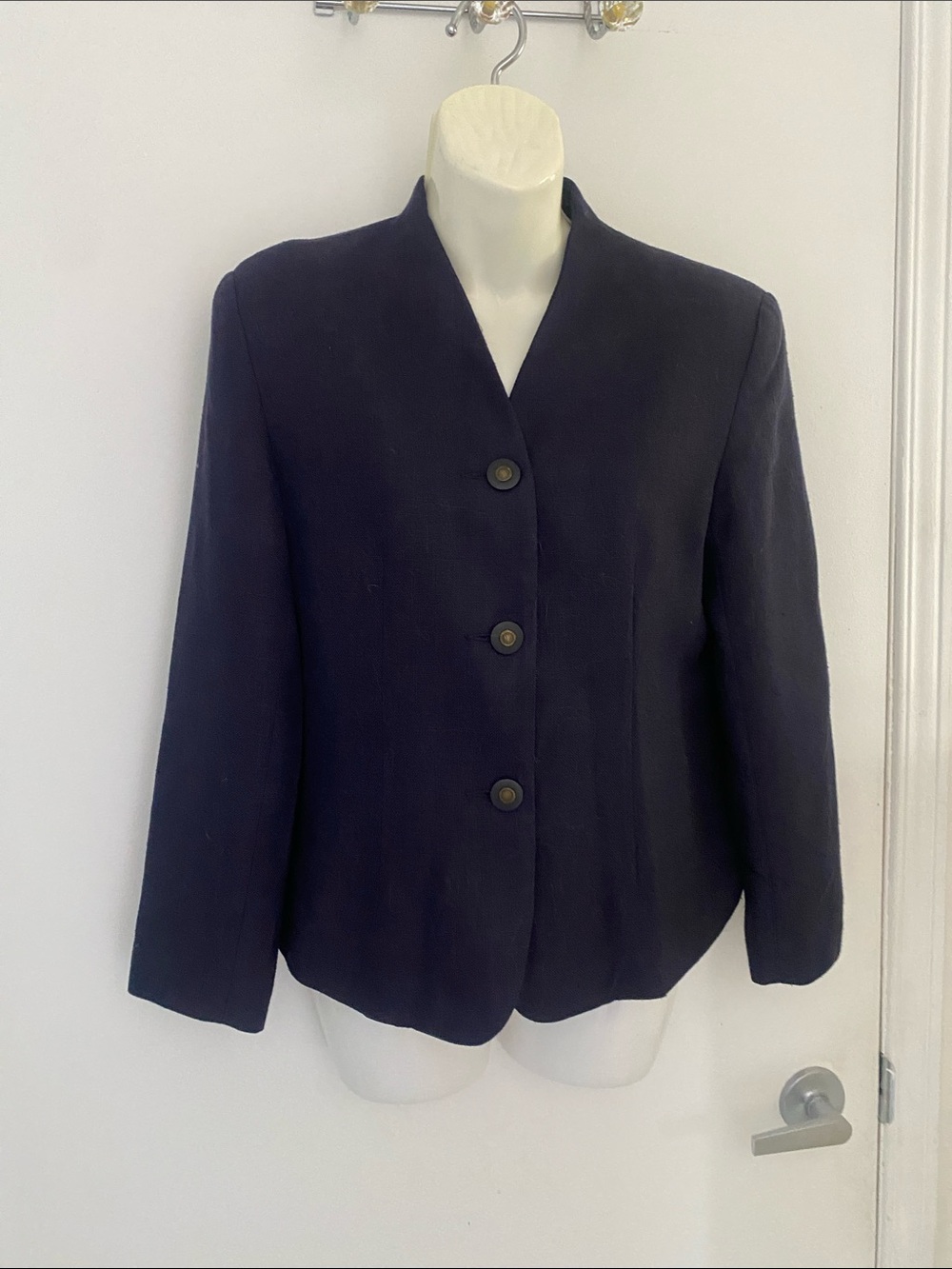 Navy Blue VTG Eaton V-neck Tailored Button-Front lined Blazer Size 8
